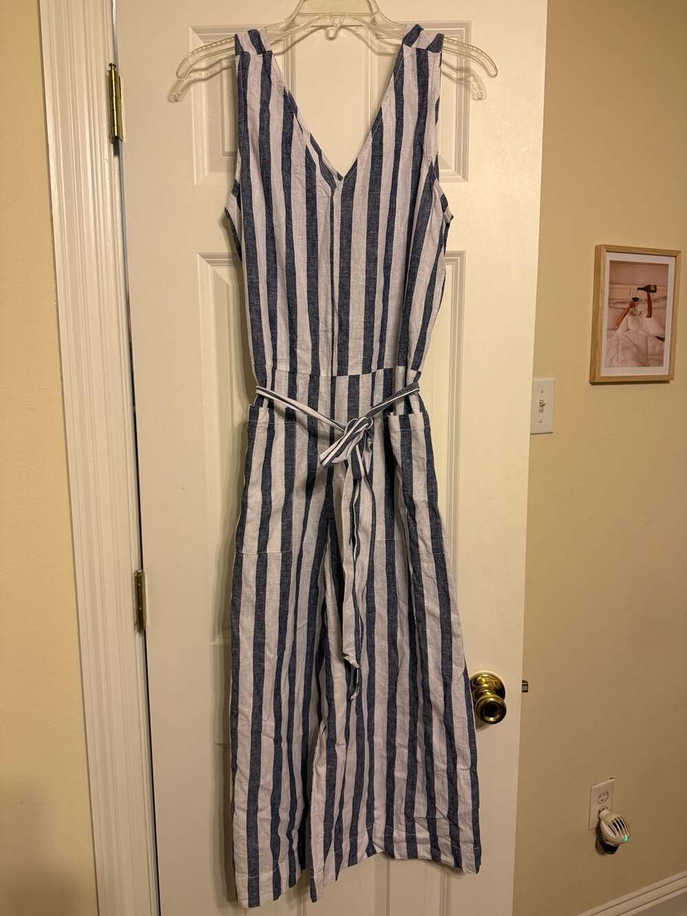 beachlunchlounge Blue & White Striped Linen Blend Wide Leg Jumpsuit Size M